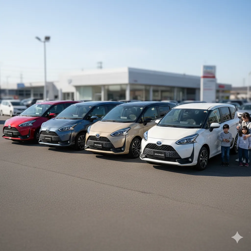 自動車ディーラーの駐車場に並べられた様々な色のシエンタ。手前から白、ベージュ、グレー、赤の順に4台が展示されており、その前には車を見ている家族連れがいる。