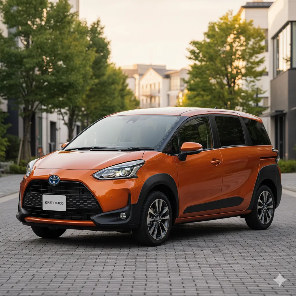 オレンジ色と黒のツートンカラーのトヨタシエンタが、新しい住宅街の石畳の駐車場に停まっている。