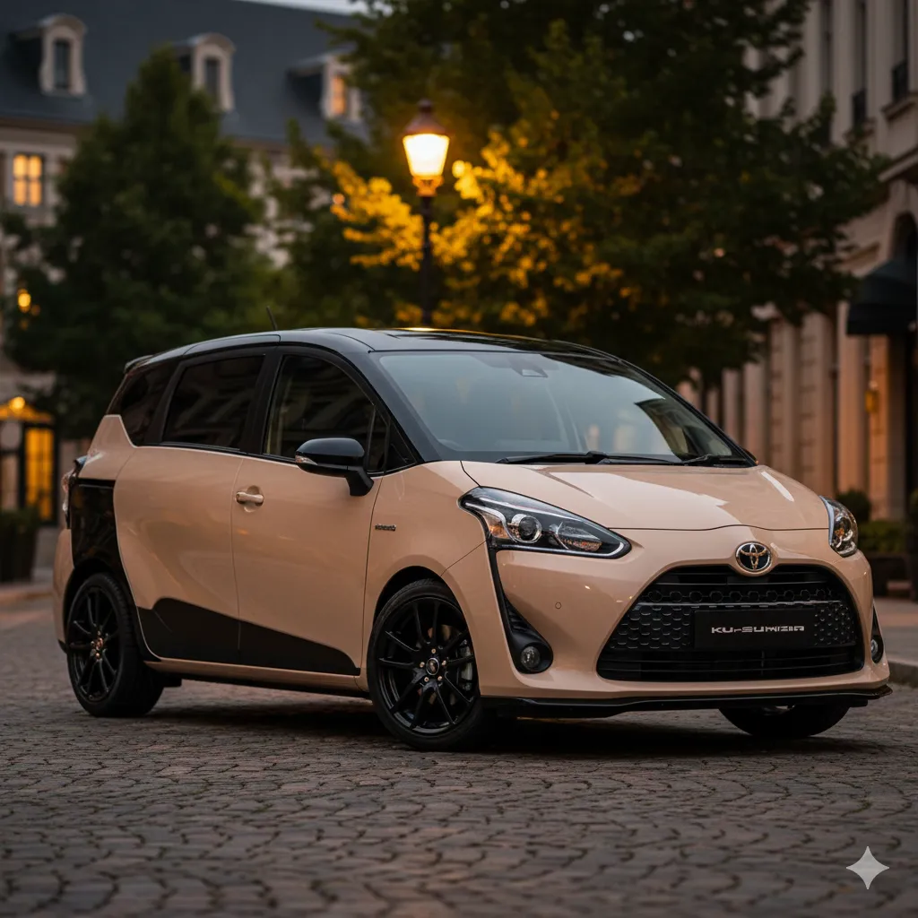 ベージュのボディカラーにブラックのルーフとホイールでカスタムされた新型シエンタが、夜の石畳の街路灯の下に停まっている。スタイリッシュな印象を与えている。