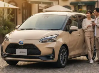 街並みに溶け込むベージュの新型シエンタと、その隣に立つ笑顔のアジア人夫婦。夫婦はベージュ系の服を着用し、手に飲み物を持っている。