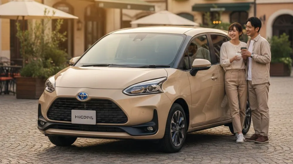 街並みに溶け込むベージュの新型シエンタと、その隣に立つ笑顔のアジア人夫婦。夫婦はベージュ系の服を着用し、手に飲み物を持っている。