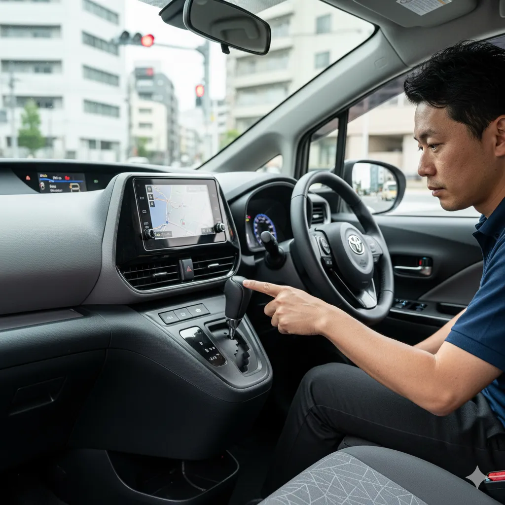 トヨタシエンタの運転席に座り、電動パーキングブレーキのスイッチを指差す日本人男性。ナビ画面には地図が表示されている。