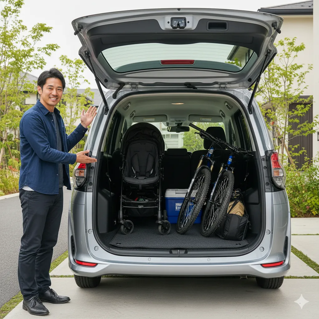 シエンタ5人乗りモデルの広大な荷室にベビーカーと自転車、クーラーボックスが積載され、満足げな表情で荷室を指し示す日本人男性