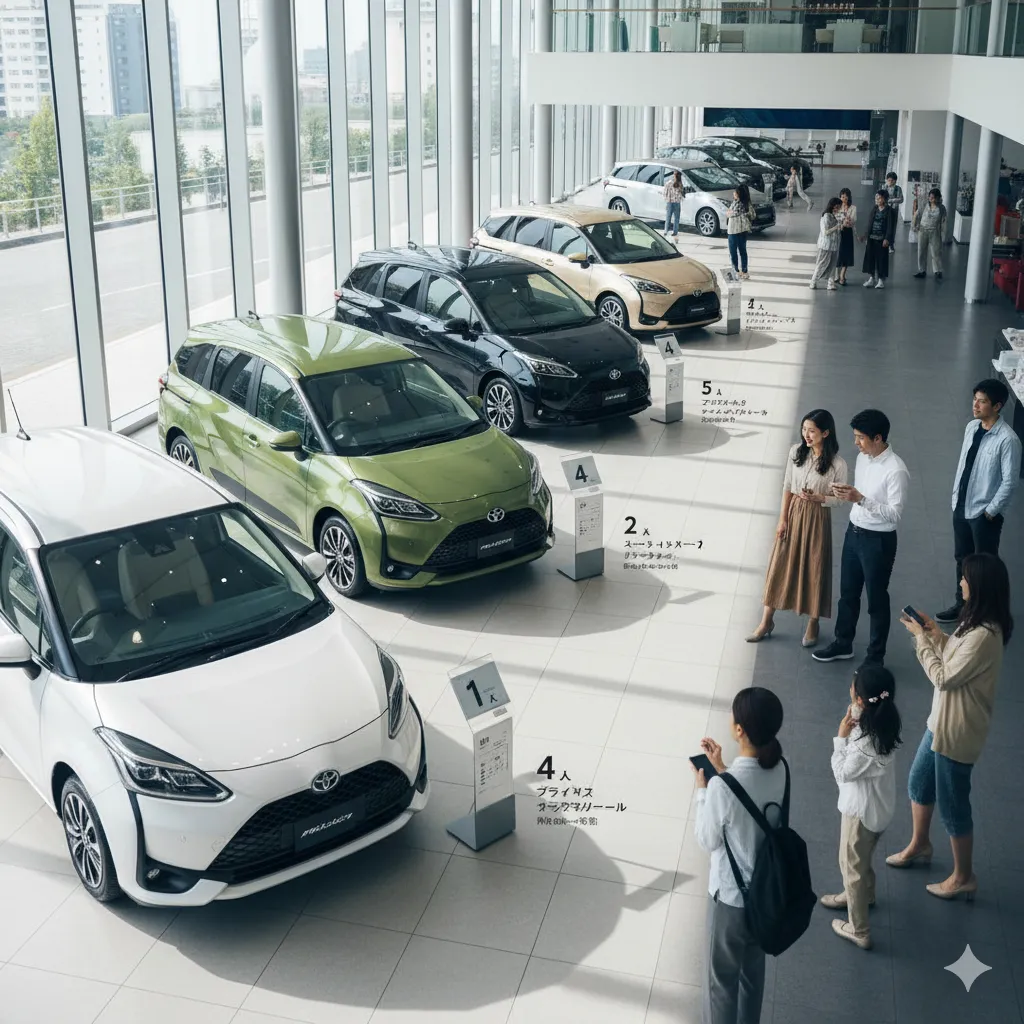 複数色の新型シエンタ(ホワイトパール、アーバンカーキ、ブラック、ベージュなど)が並んで展示されているショールームのような空間。各色の魅力が伝わるように配置されている。