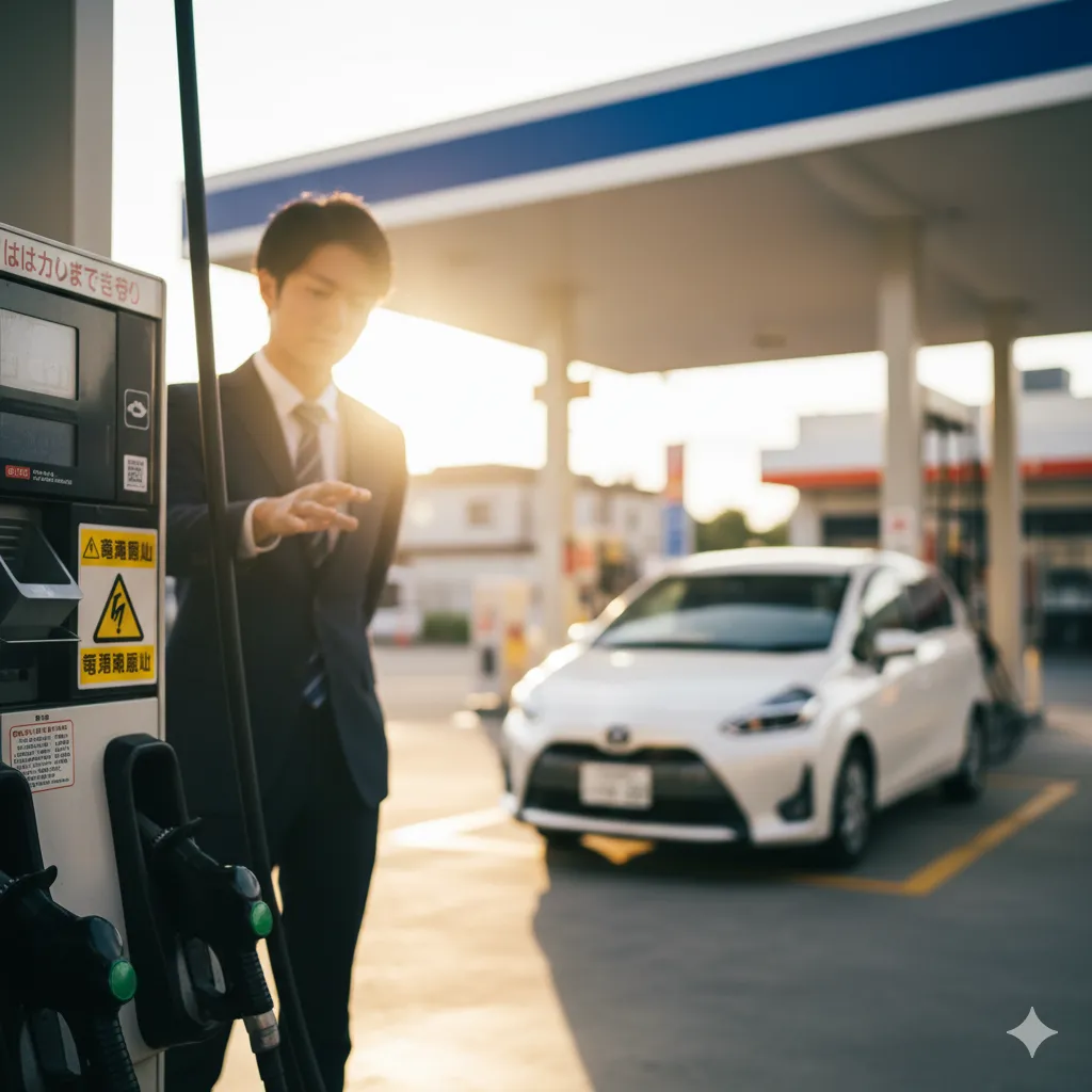 日本人のドライバーがセルフスタンドの静電気除去シートに手を触れているクローズアップ