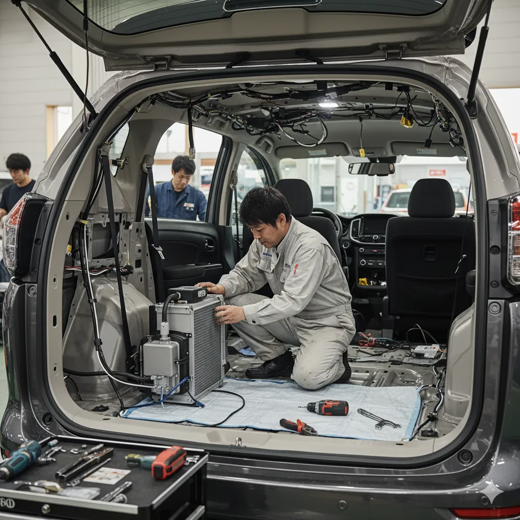 車の荷室で、専門の日本人整備士が後部座席用エアコン（リアクーラー）の取り付け作業を行っている様子。内装が剥がされ、配線や冷媒ユニットが露出している。