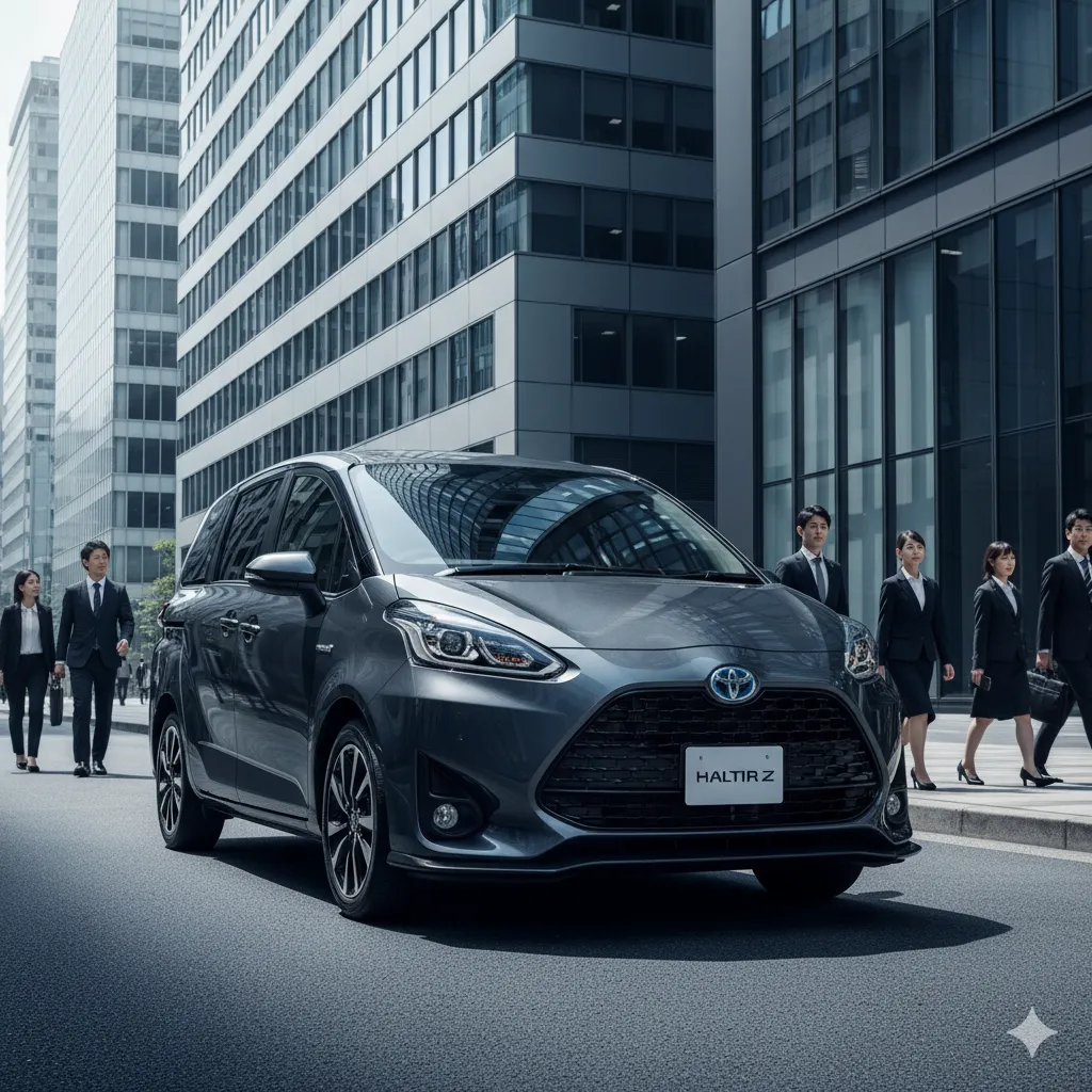 オフィスビルが立ち並ぶ都市部に停車している、スタイリッシュなダークグレーの新型シエンタ。背景にはビジネスパーソンらしき人々が行き交っている。