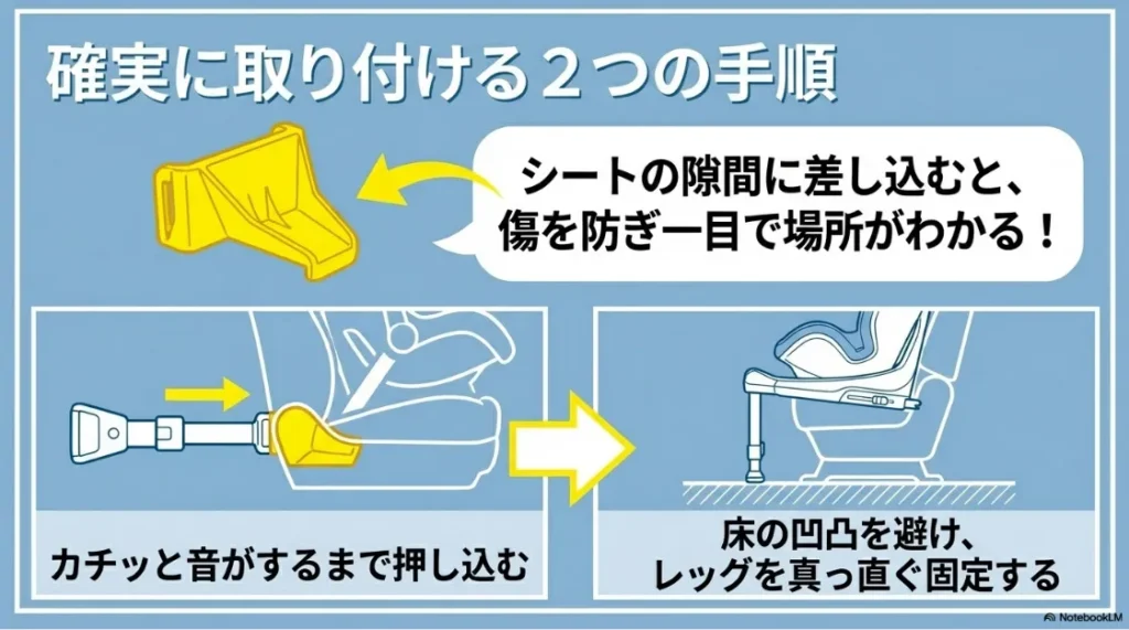 チャイルドシート2台設置時に3列目へ乗り込む工夫。バックドア（荷室）からのアクセスと、片方をシートベルト固定にして可動域を確保する方法の図解。