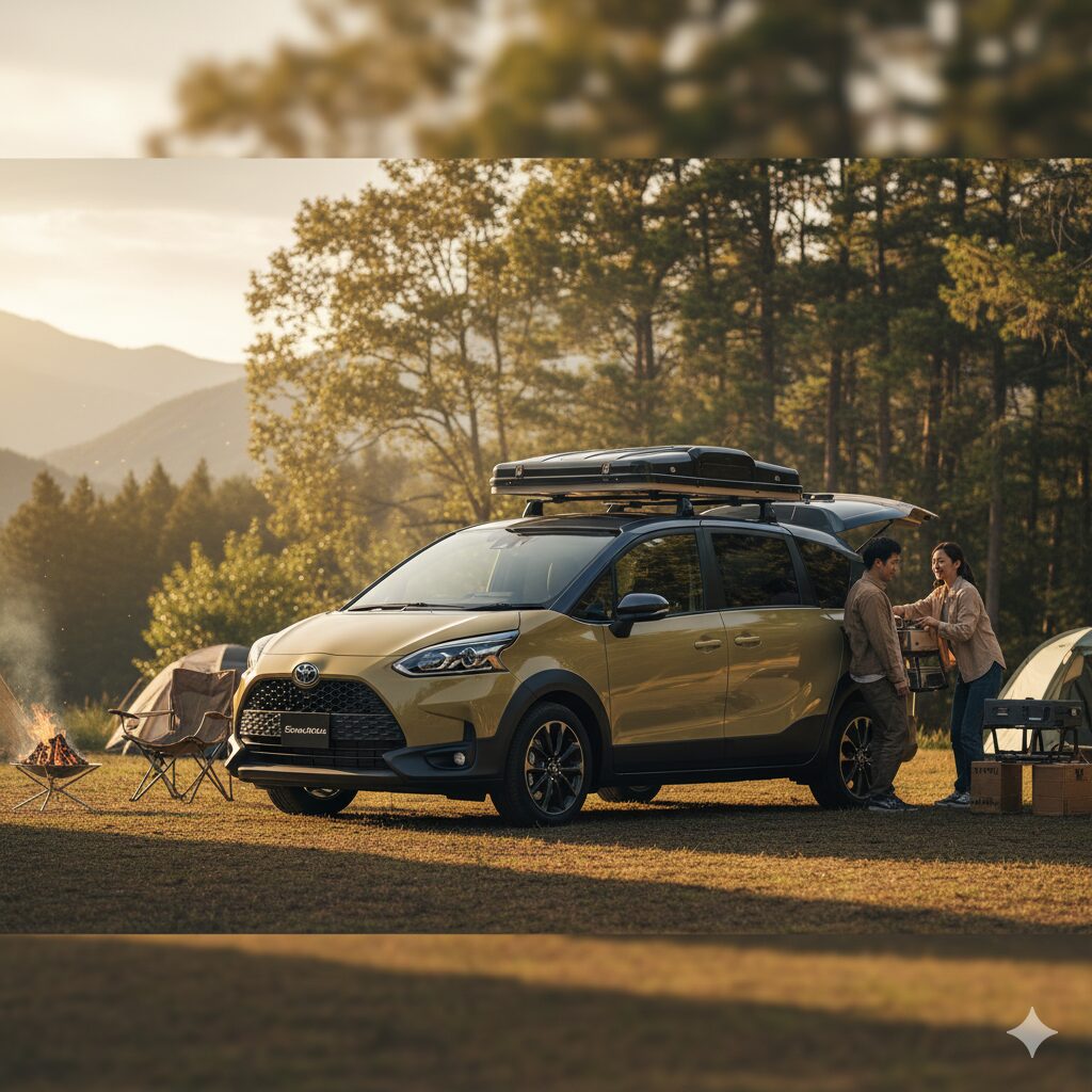 新型シエンタのツートンカラー「ダークグレー × アーバンカーキ」のアウトドアシーン