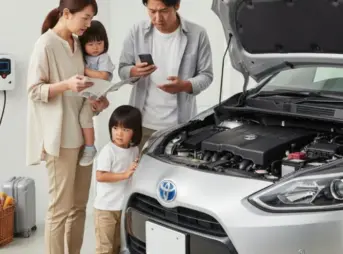 家族がシエンタのボンネットを開けてバッテリーの位置を確認している様子。困惑した表情の夫婦と子供たちが車の周りにいる。