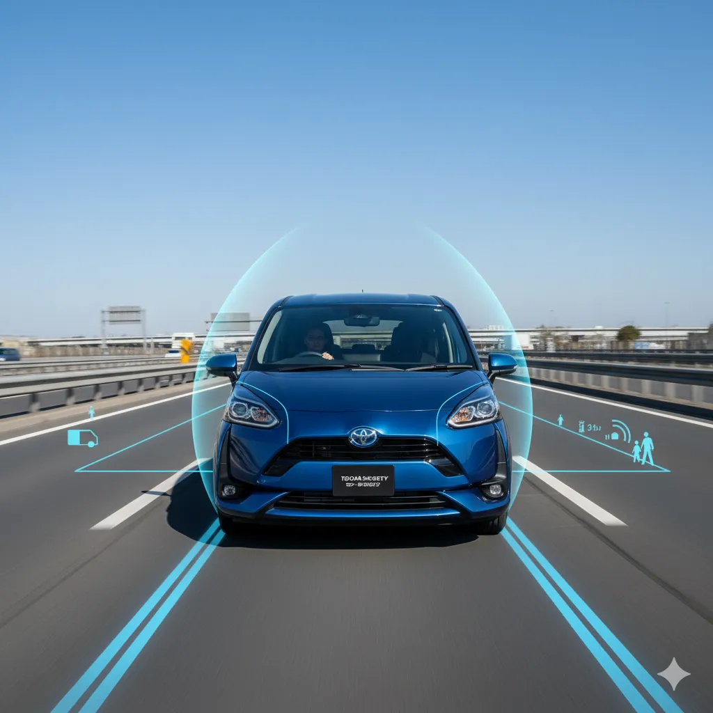 高速道路を走行中の青いシエンタに、トヨタセーフティセンスのレーダーや車線維持機能をイメージさせる青い光のエフェクトが合成されている