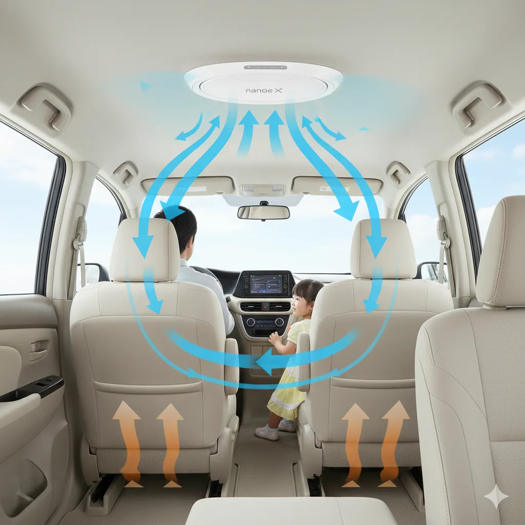 シエンタの車内における純正天井サーキュレーター（nanoe X搭載）の空気循環効果を示す図。前席から後席へ冷気が、後席から前席へ暖気が効率的に流れる様子が青い矢印で表現されている。