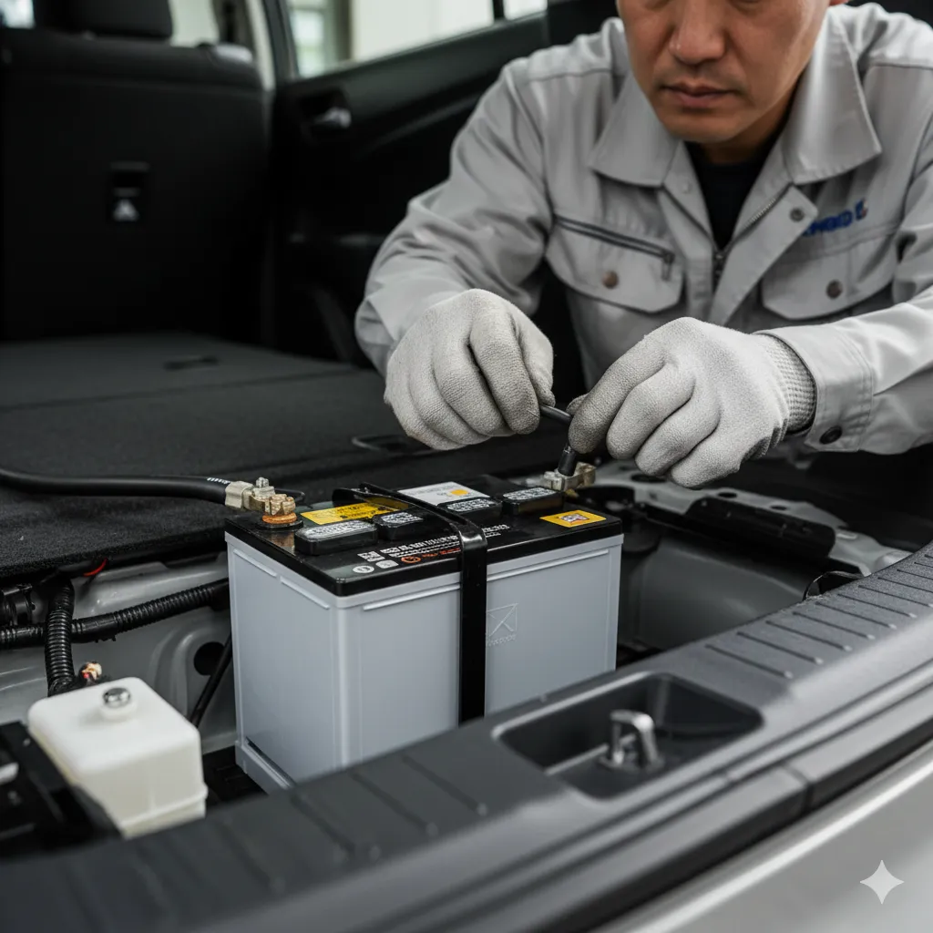 整備士が、シエンタのラゲージルームに設置された補機バッテリーに排気ホースを接続している様子。手元に焦点を当てている。
