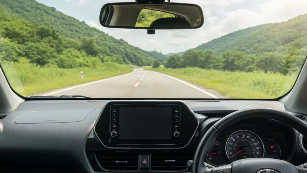 新型シエンタの車内で、ドライブレコーダーが設置されているルームミラー付近が明確に映っている。