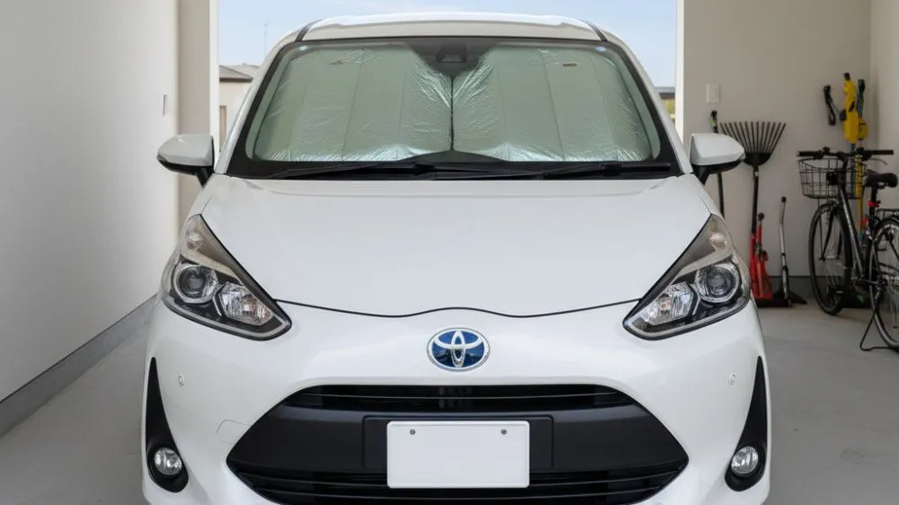 ガレージに駐車された白いシエンタに装着されたサンシェード。