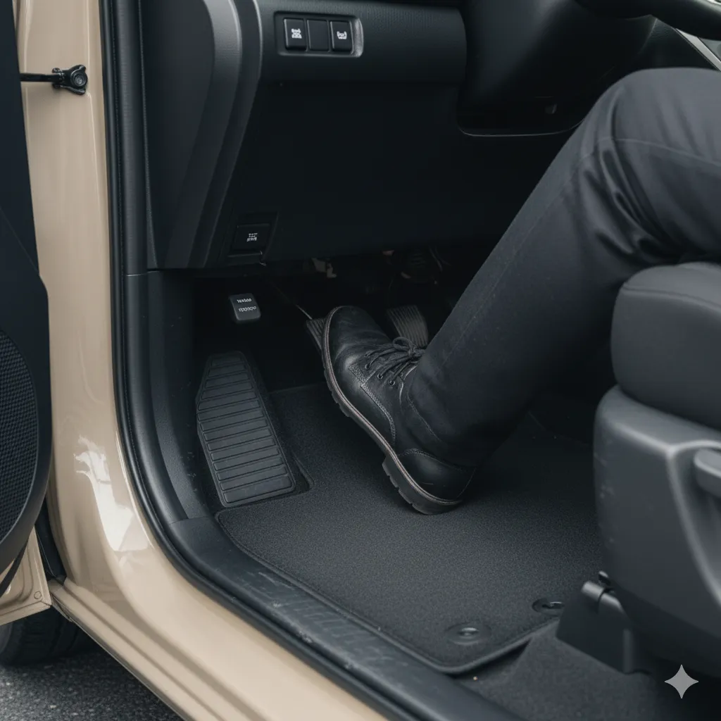 シエンタに採用されている足踏み式パーキングブレーキを操作している運転席の足元の様子