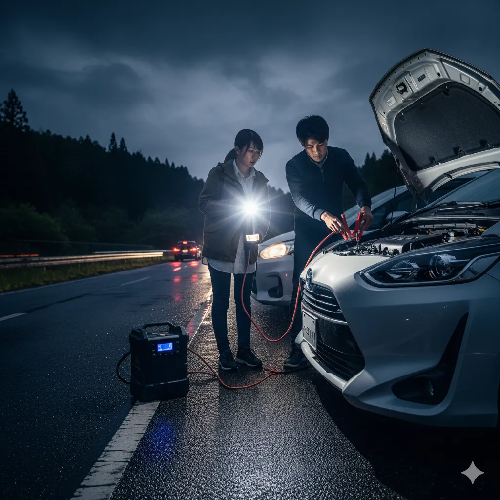 夜の路肩で、バッテリーが上がったシエンタにポータブルジャンプスターターを使って充電している男女。女性が懐中電灯で手元を照らしている。