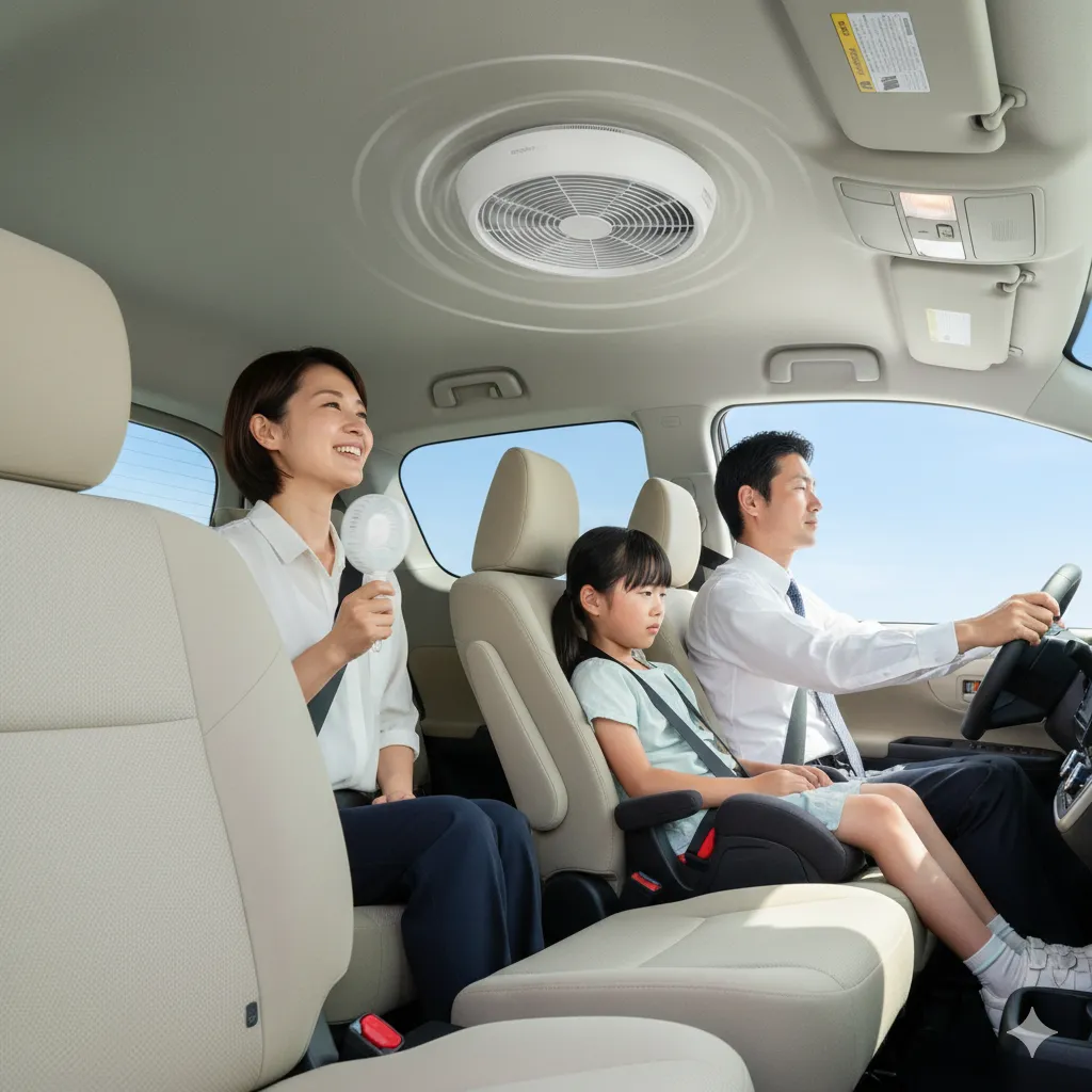 シエンタの車内で、天井に設置された純正サーキュレーターが稼働し、運転席の日本人男性、助手席の日本人女性、後部座席の日本人の子どもが快適に過ごしている様子。