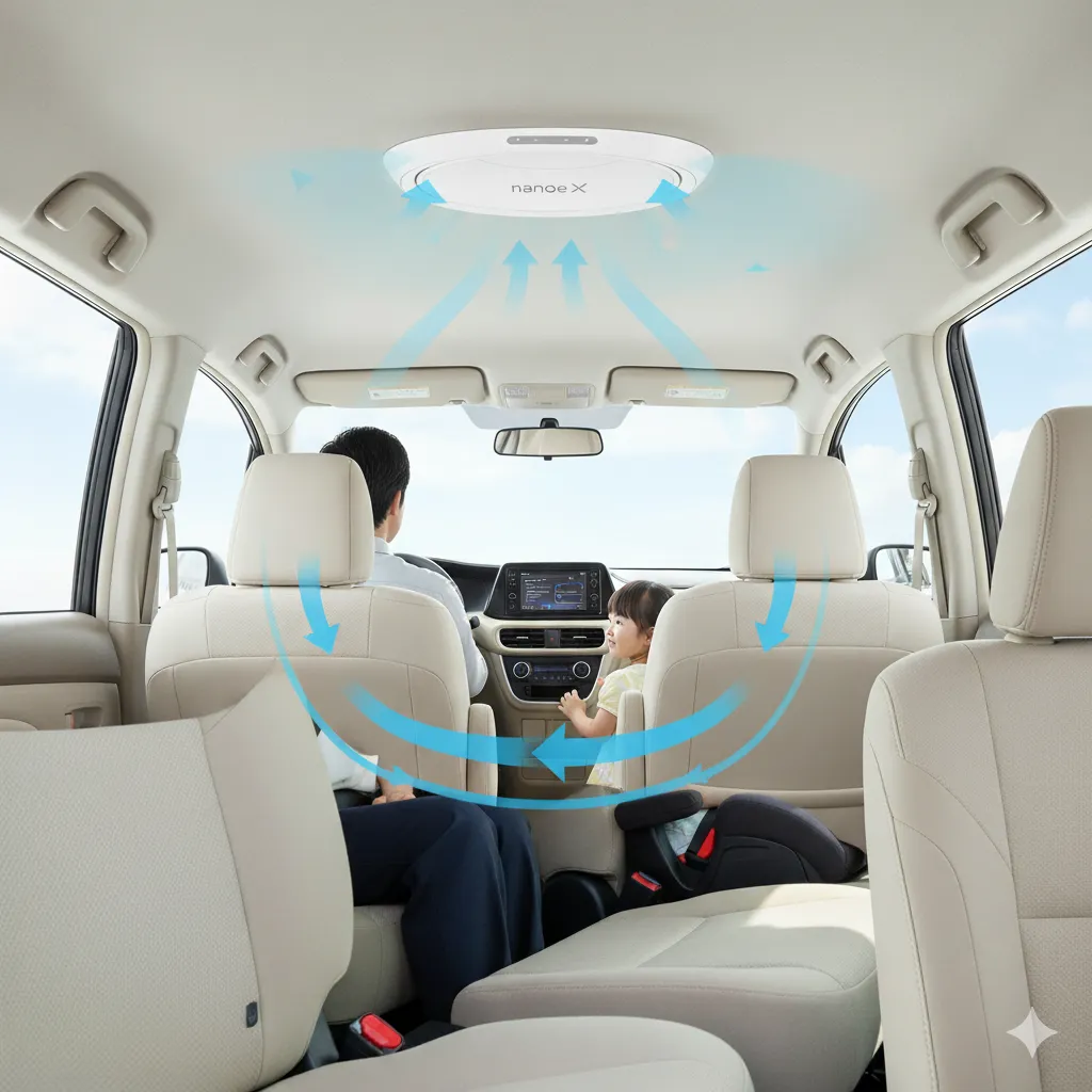 シエンタの車内後部座席から見た、純正天井サーキュレーター（nanoe X搭載）と、後席モニターが取り付けられていない状態。空気循環の矢印が示されている