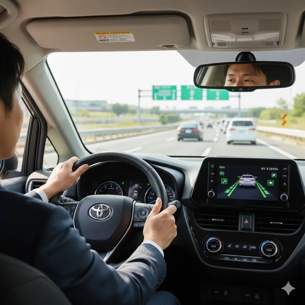 トヨタセーフティセンスを使用し、高速道路でリラックスして運転する日本人ドライバーの車内からの視点