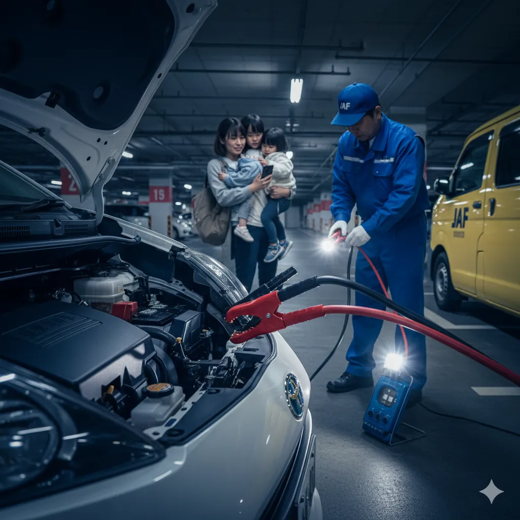 地下駐車場でバッテリーが上がったシエンタに対し、JAFのスタッフがジャンプスターターを使って救援作業を行っている。母親と子供はスマートフォンの明かりで手元を照らしながら見守っている。
