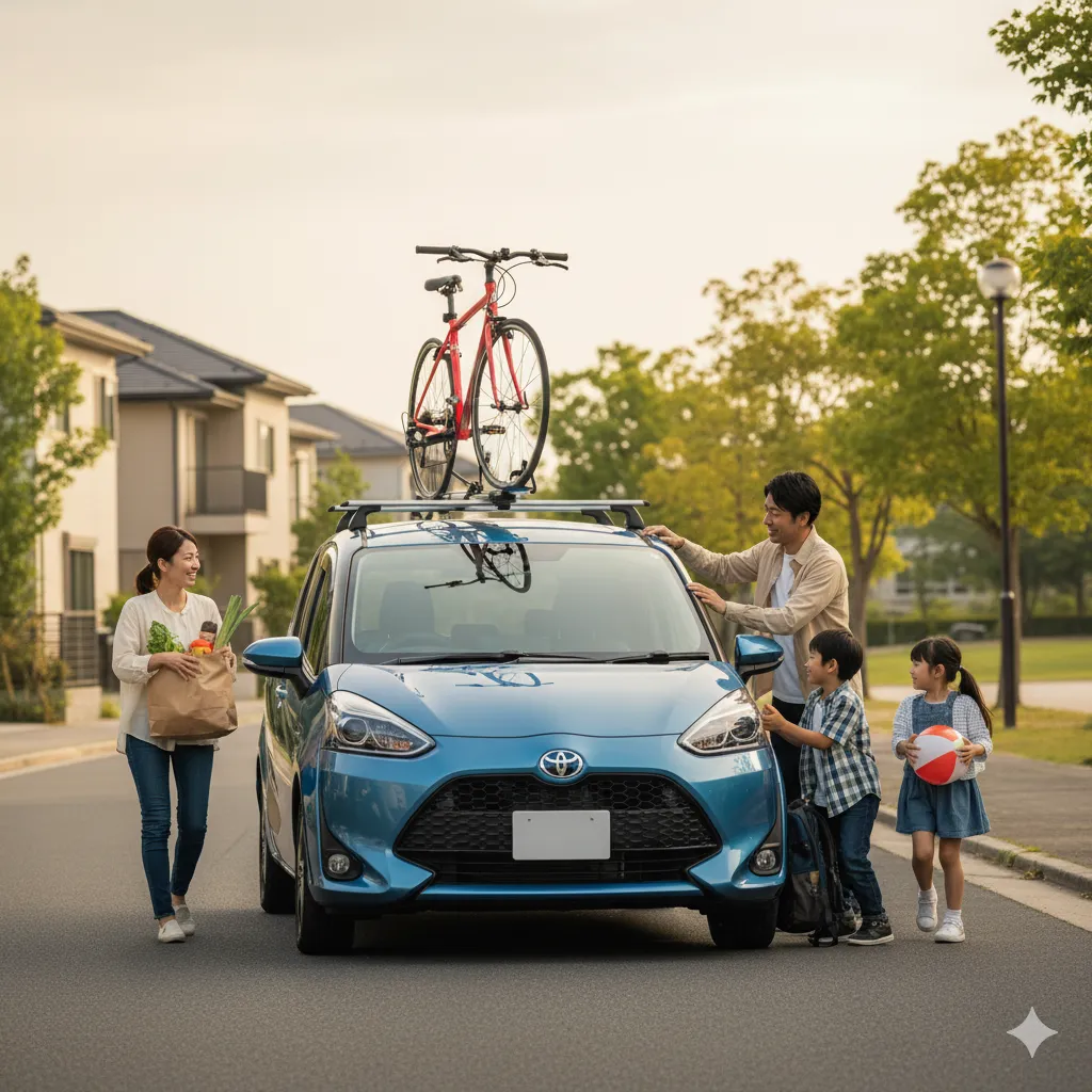 住宅街で、青いシエンタの屋根にロードバイクを積んで、買い物帰りとお出かけ準備中の日本人家族。母親が野菜の入った袋を持ち、父親と子供たちが車の前で楽しそうにしている。