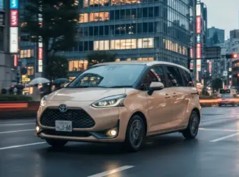 2025年に改良された新型シエンタ（ベージュ）が市街地を走行する様子