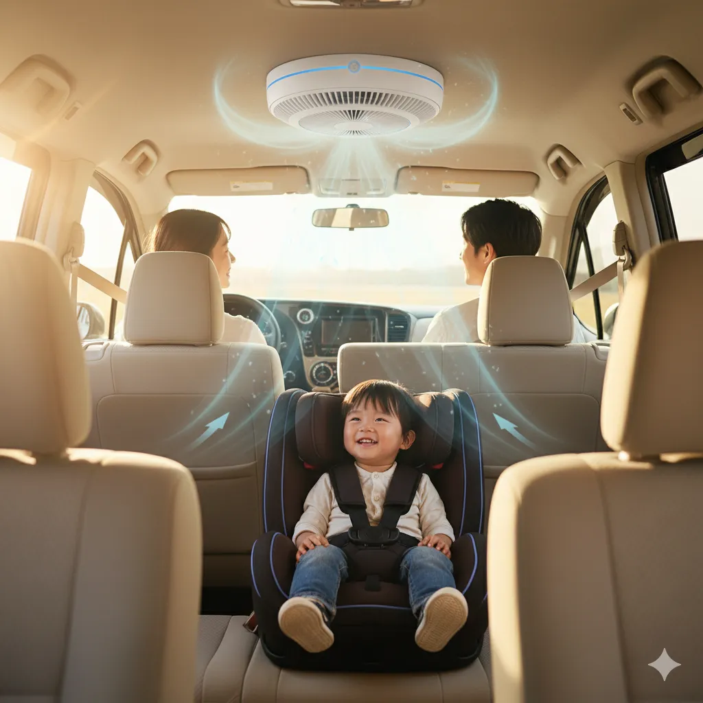 シエンタの車内後部座席でチャイルドシートに座り笑顔の日本人の幼児。天井のサーキュレーターから快適な空気が循環し、運転席と助手席の日本人の親も笑顔でドライブを楽しんでいる。