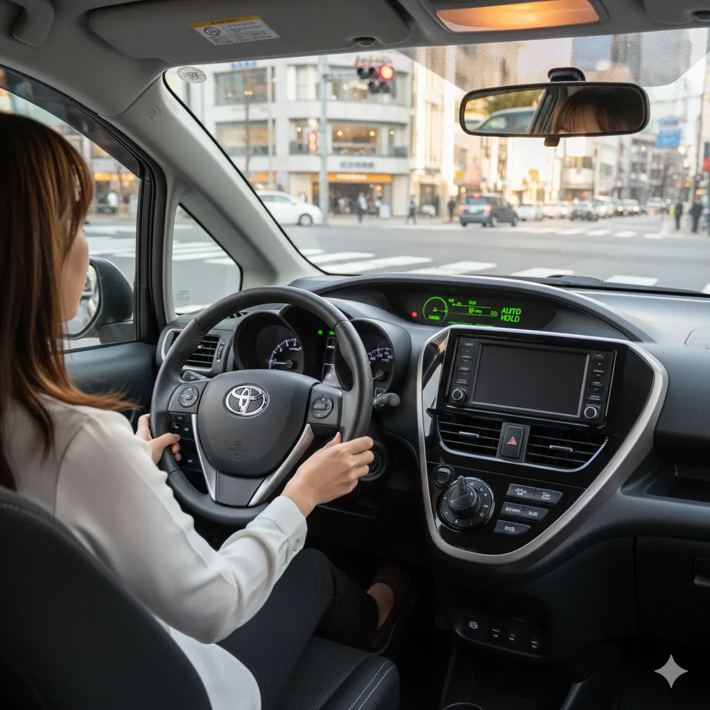 信号待ちで停車中にオートブレーキホールド機能を使用し、リラックスしてハンドルを握る日本人女性ドライバー。メーターパネルには「AUTO HOLD」の表示が見える。