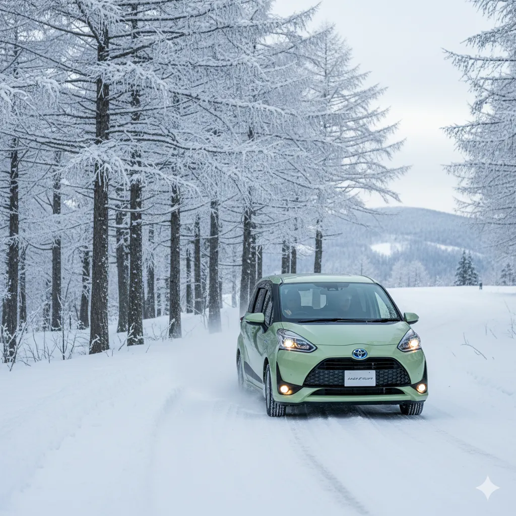 シエンタのE-Four(4WD)モデルが雪道を安定して走行している様子