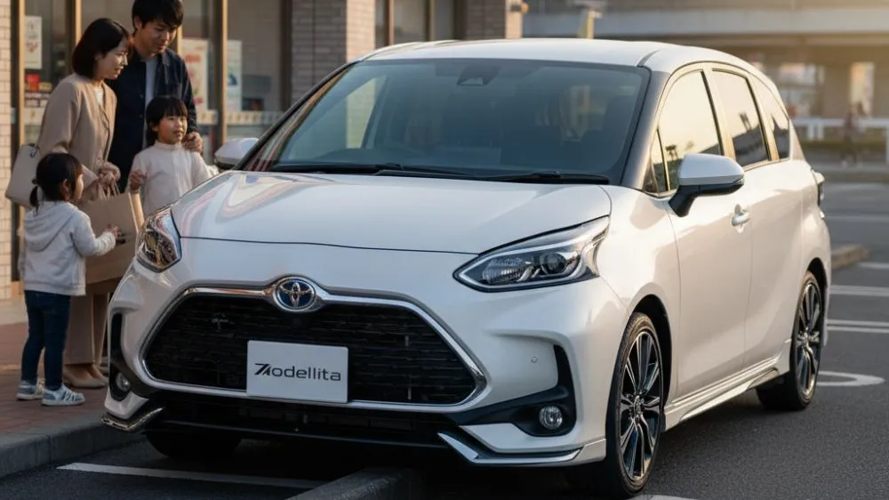 コンビニの駐車場で輪止めに接触しそうになっている白いシエンタモデリスタと、心配そうな表情で車を見ている家族（日本人）