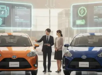 自動車ディーラーのショールームで、オレンジ色のガソリン車と紺色のハイブリッド車の新型シエンタが並べられており、それぞれの特徴を比較検討している日本人夫婦のイメージ。