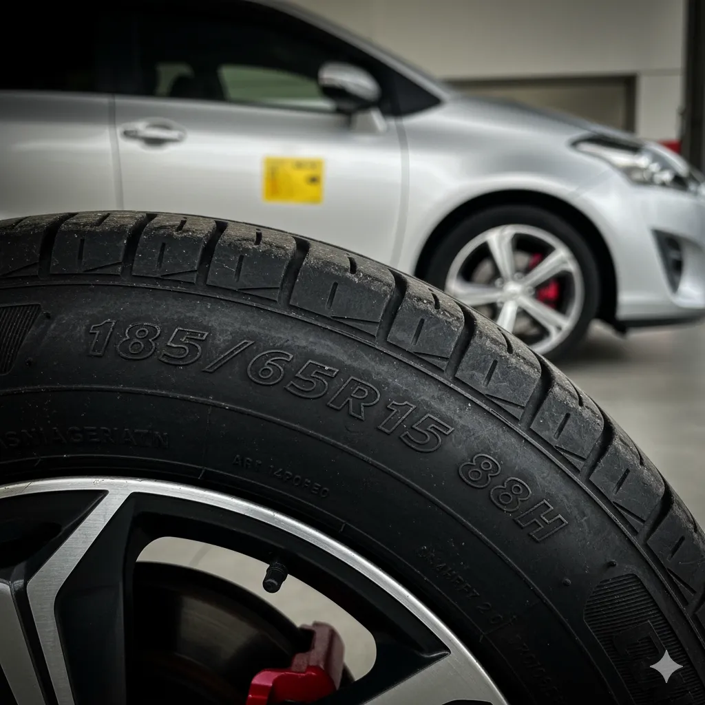 タイヤの側面のクローズアップ。タイヤサイズが刻印されている場所のイメージ