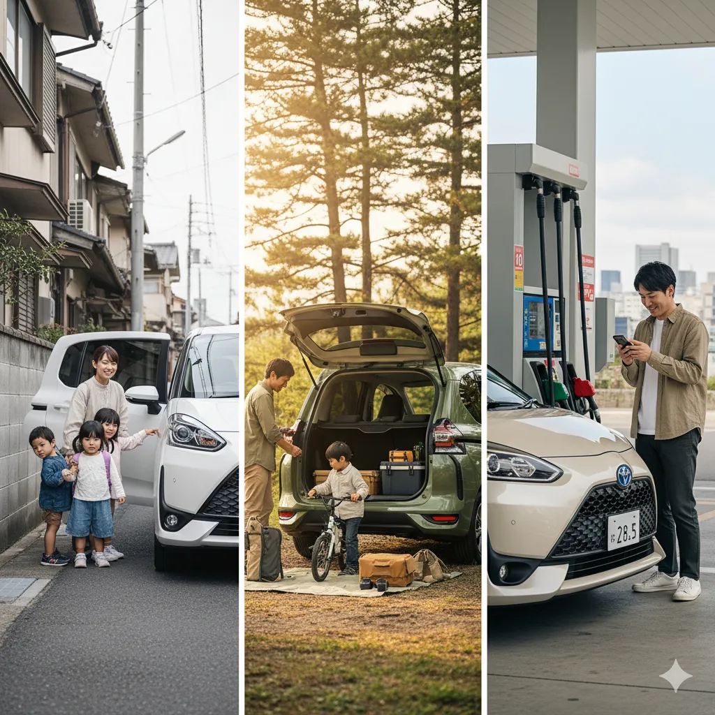 シエンタの利用シーンを3分割で示す画像。左は住宅街でスライドドアから子供が降りる様子、中央はキャンプ場で荷物を積み下ろす様子、右はガソリンスタンドで給油中にスマホを見る男性。