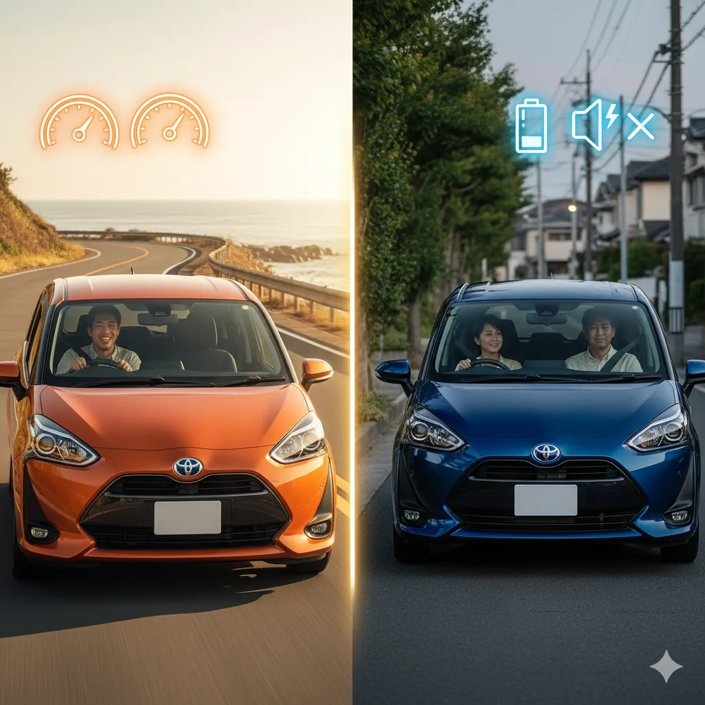 左右で分割された画像。左側は海岸線を軽快に走るオレンジ色のガソリン車シエンタと運転を楽しむ日本人男性、右側は住宅街を静かに走行する青色のハイブリッド車シエンタと穏やかに運転する日本人女性。