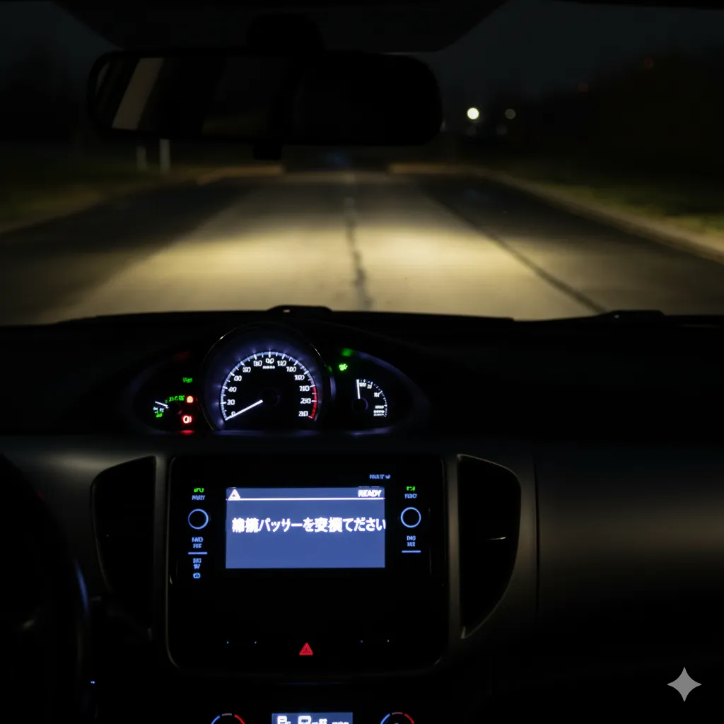 夜間の車の運転席から見た風景。メーターパネルに「補機バッテリーを交換してください」という警告メッセージが表示されている。