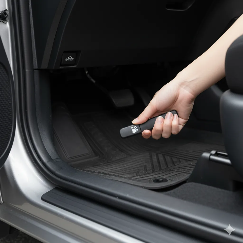 シエンタの運転席足元、右側フロアにある給油口レバーのクローズアップ