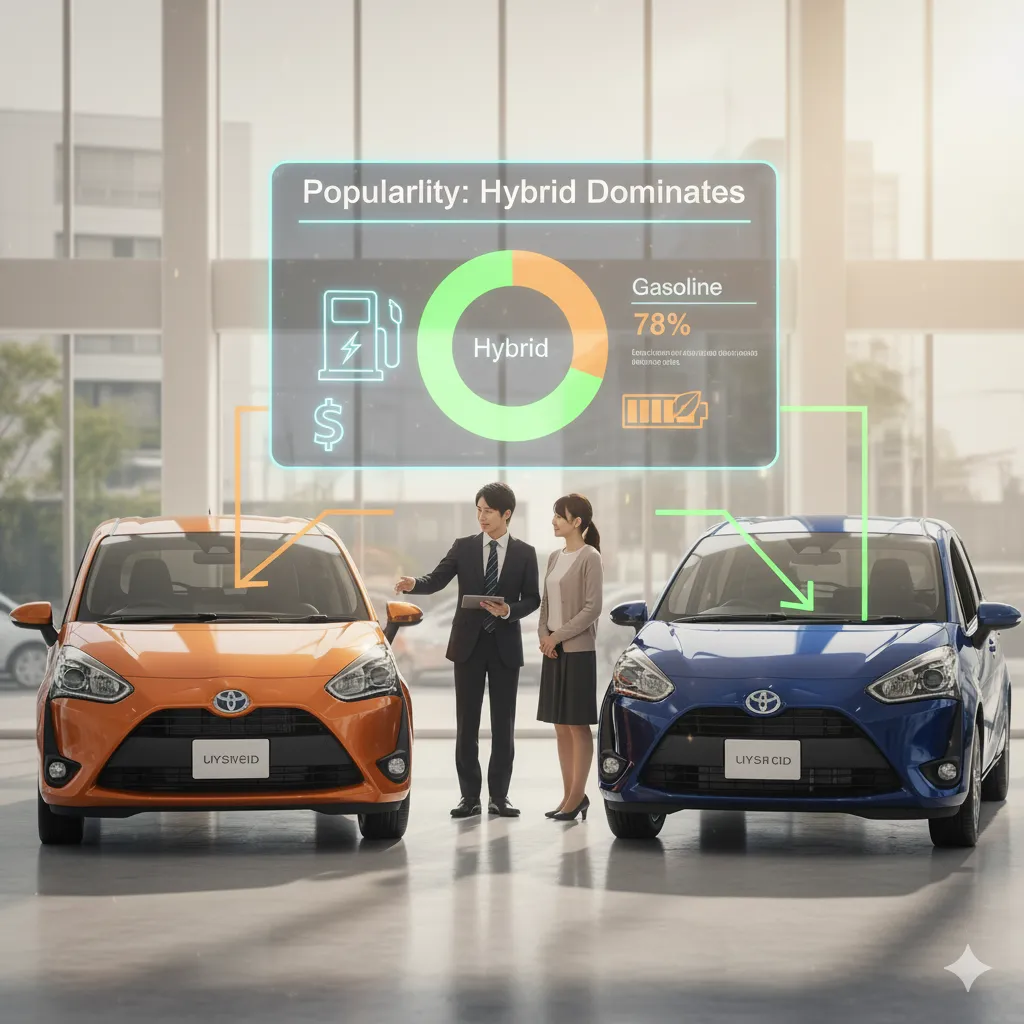 自動車ディーラーのショールームで、ガソリン車とハイブリッド車の新型シエンタを前に、販売員が顧客にそれぞれのメリット(燃費や維持費)を説明している様子。