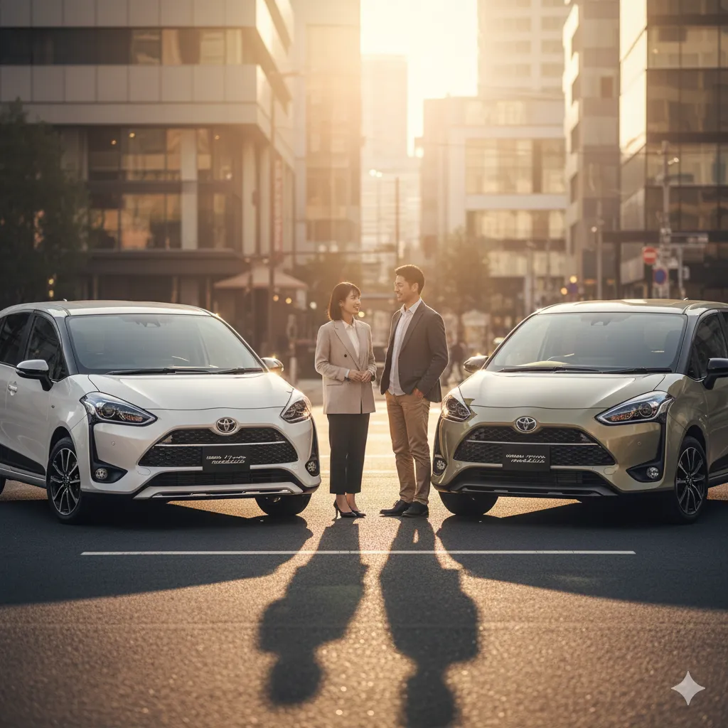 都会の夕暮れの街並みを背景に、白い「BRIGHT TECH ELEGANCE」とベージュの「URBAN TECH GEAR」のシエンタモデリスタが並んでおり、その前で笑顔で談笑する日本人夫婦