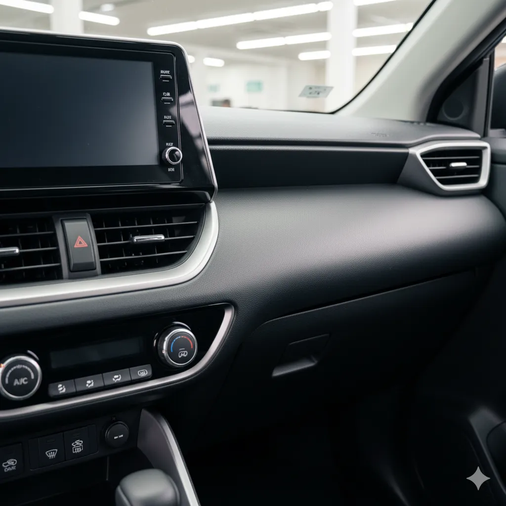 ライズの内装に使われている硬いプラスチック(ハードプラ)の質感が分かるダッシュボードのクローズアップ