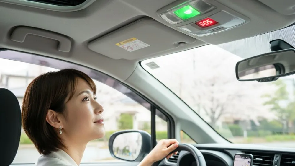 シエンタの運転席からSOSボタンを見上げる女性。ボタンは緑色に点灯しており、安全な状態を示している。