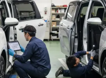 自動車整備工場で、二人の日本人の整備士が新型シエンタと旧型シエンタのオプションカプラー配線図を確認しながら作業している。一人はタブレットで配線図を見ながら、もう一人は懐中電灯で車両内部を照らしている。