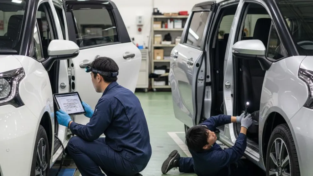 自動車整備工場で、二人の日本人の整備士が新型シエンタと旧型シエンタのオプションカプラー配線図を確認しながら作業している。一人はタブレットで配線図を見ながら、もう一人は懐中電灯で車両内部を照らしている。