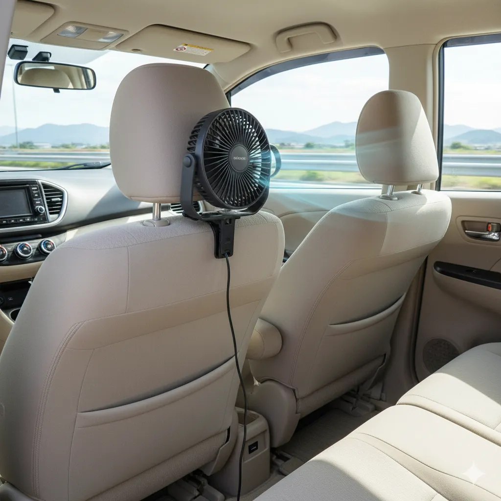 シエンタの車内、助手席のヘッドレストにクリップで取り付けられた市販の後部座席用サーキュレーター。稼働して後部座席に風を送っている様子。