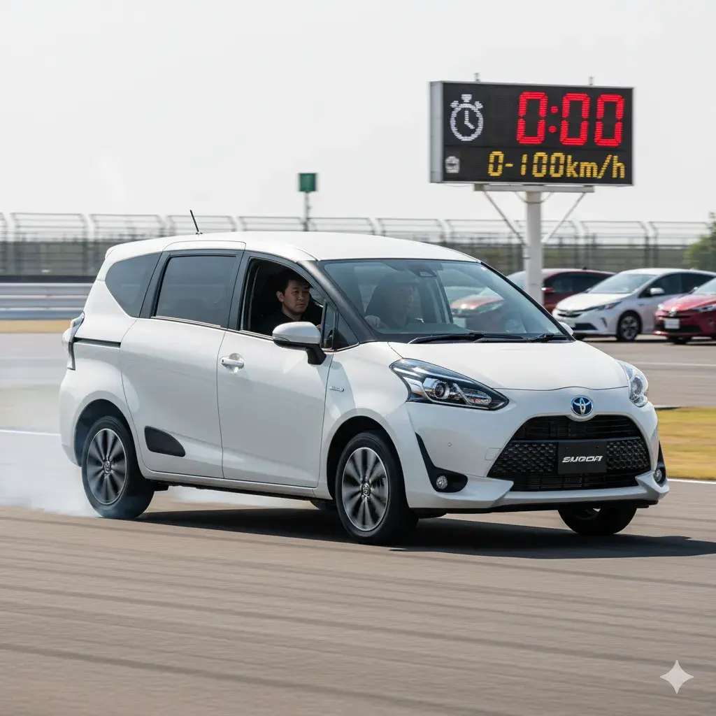 サーキットでゼロヨン加速を試す白いトヨタ シエンタ。タイヤから白煙が上がっており、加速時の力強さを表現している。背景にはタイムを表示するデジタル掲示板が見える。