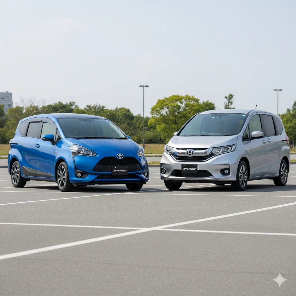 トヨタ・シエンタとライバル車であるホンダ・フリードが駐車場に並んで駐車されており、ボディサイズやデザインを比較している様子。