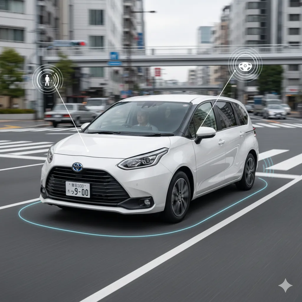 交差点で歩行者を検知し、衝突被害軽減ブレーキが作動しようとしている白いトヨタ シエンタ。車体周囲に検知範囲を示す光の輪が描かれており、高い安全性能を表現している。運転席には日本人女性が乗車している。