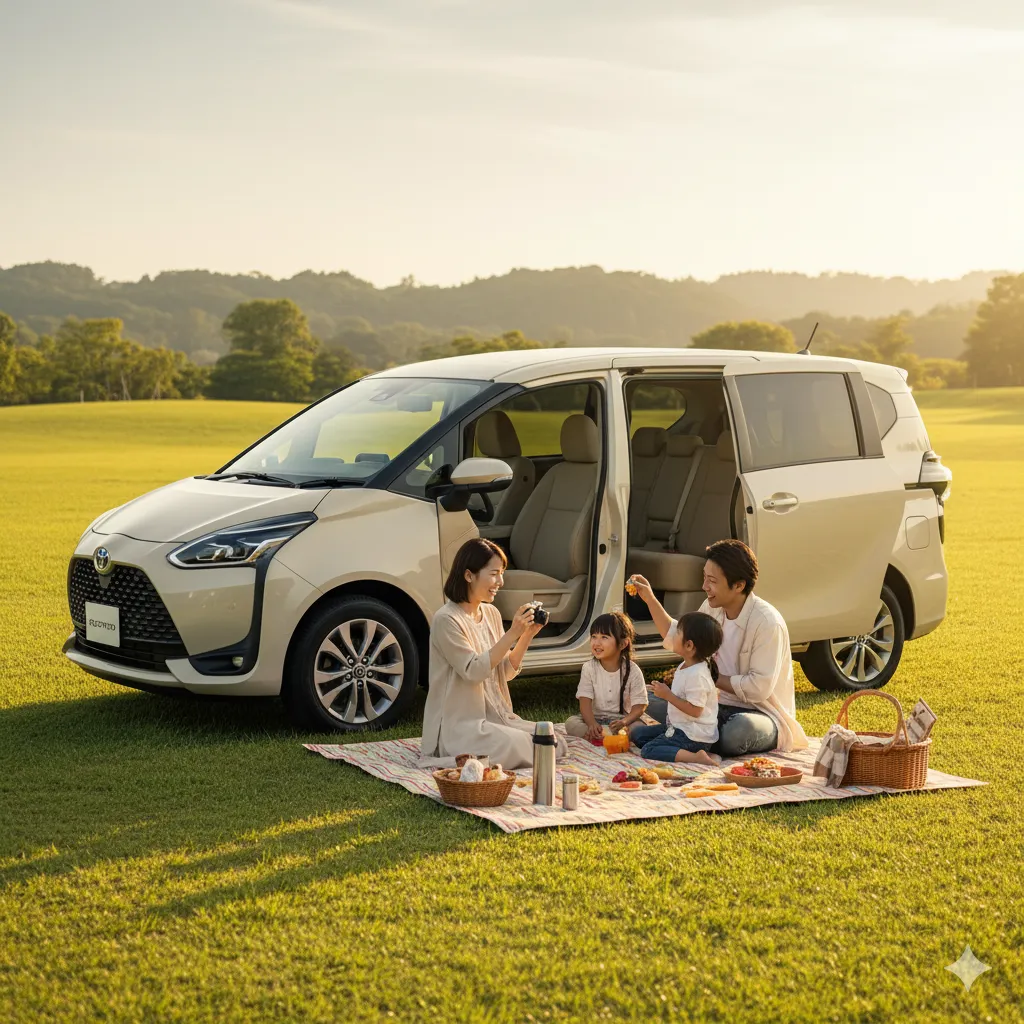 ベージュの新型シエンタが、晴れた日の屋外で駐車されており、アジア人家族が笑顔でその車を眺めている。背景には自然豊かな風景が広がる。