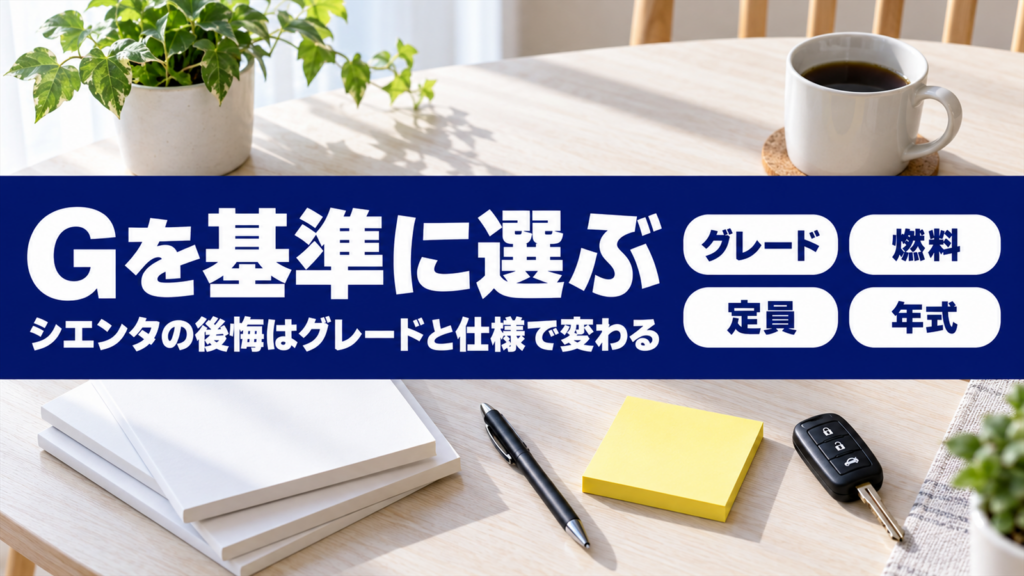 無地の冊子と車のキーを置いたテーブルを背景にした、シエンタのグレード選びの記事のバナー