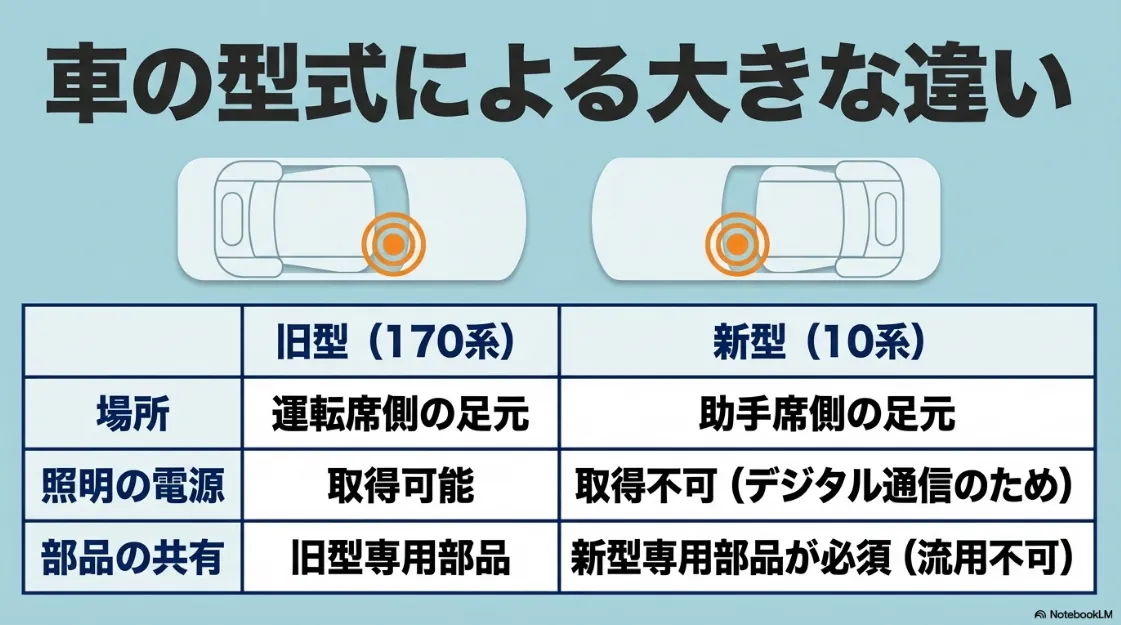 旧型（170系）と新型（10系）の比較表。設置場所が運転席側か助手席側か、照明電源の取得可否、部品の互換性がないことなどの違いをまとめています 。